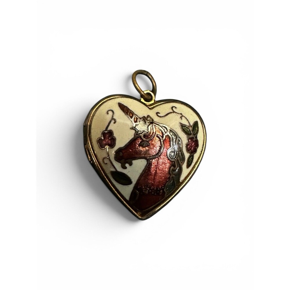 Vintage Cloisonné Mystical Unicorn Locket Pendant Gold Tone HTF